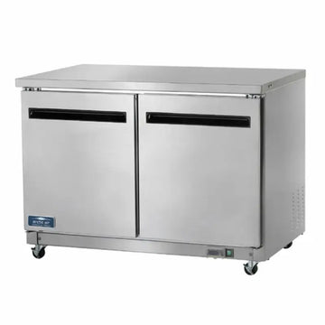 Stainless steel commercial worktop refrigerators with two doors designed for efficiency in busy kitchens.