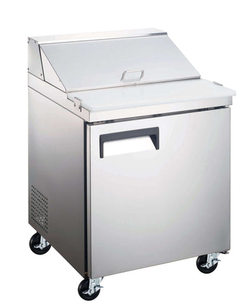 Stainless steel Salad and Sandwich Prep Tables for efficient food preparation in delis and sandwich counters.