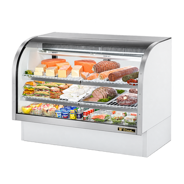 Commercial deli display cases showcasing meats, cheeses, and prepared foods in an energy-efficient design.